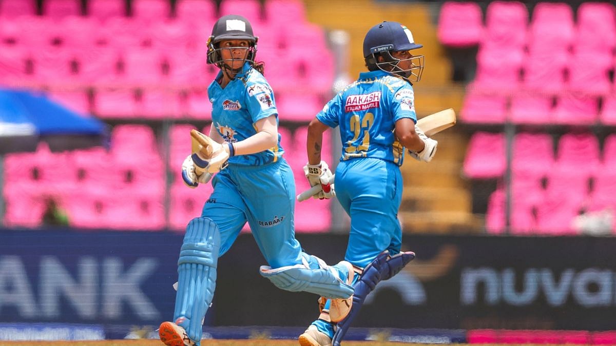 Aakash Tigers MWS's Sanika Chalke and Fatima Jaffer during a Nuvama Private T20 Mumbai Women's League match at the Wankhede Stadium on June 10
