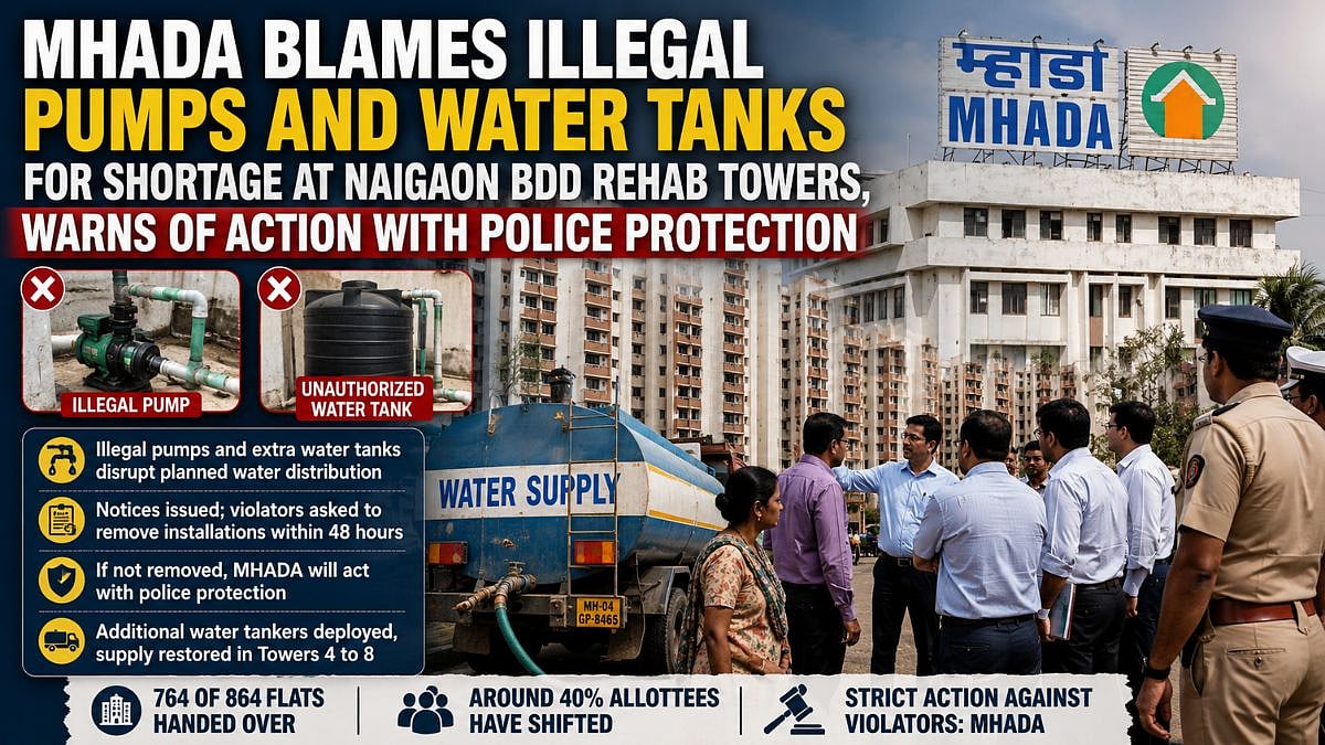 MHADA Blames Illegal Pumps And Water Tanks For Shortage At Naigaon BDD Rehab Towers, Warns Of Action With Police Protection