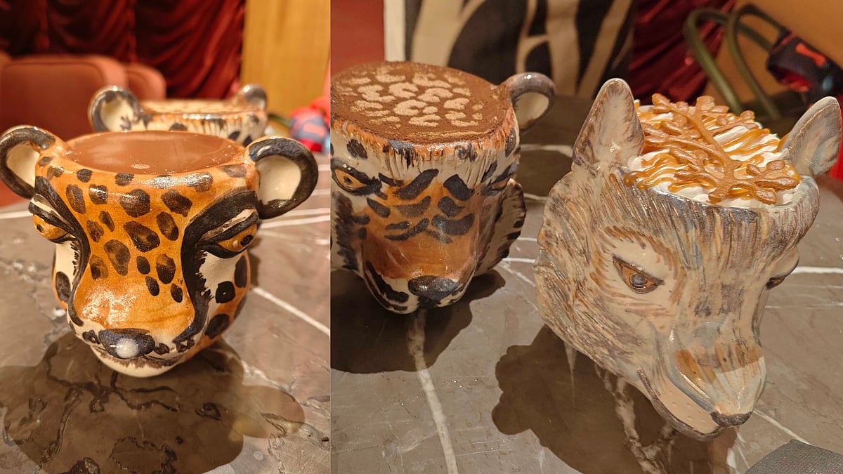 Desserts served in sculptural animal mugs