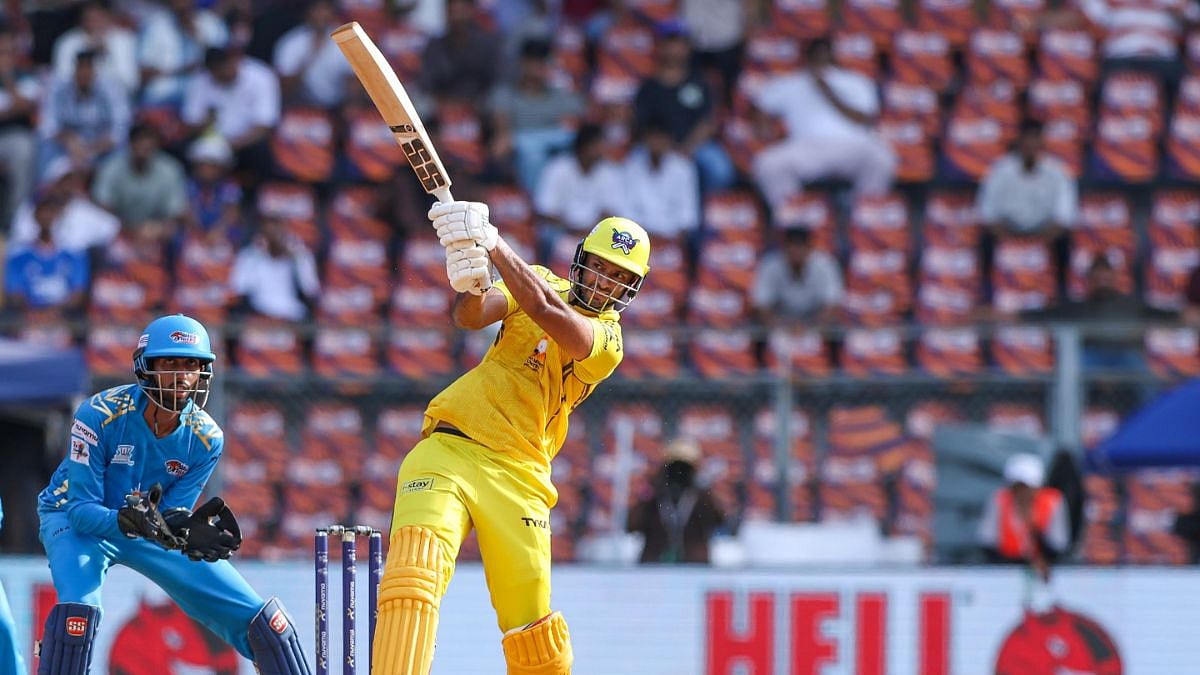 Shivam Dube of Arcs Andheri plays a shot against Aakash Tigers MWS during Qualifier 1 of Nuvama Private T20 Mumbai League 2026 match on June 11