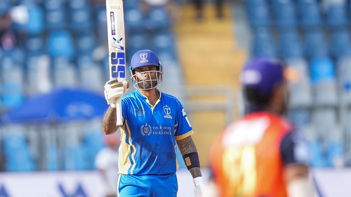 Suryakumar Yadav of Triumph Knights MNE celebrates his half century against MSC Maratha Royals during Nuvama Private T20 Mumbai League 2026