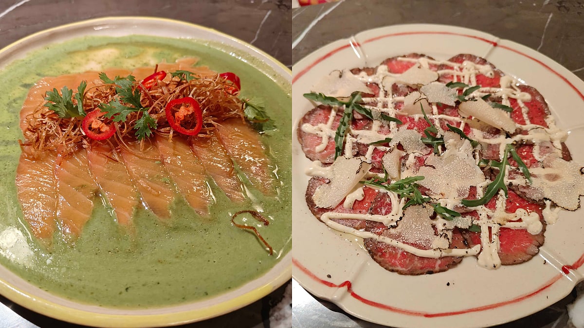 (Left) Salmon Crudo and (right) Beef Carpaccio