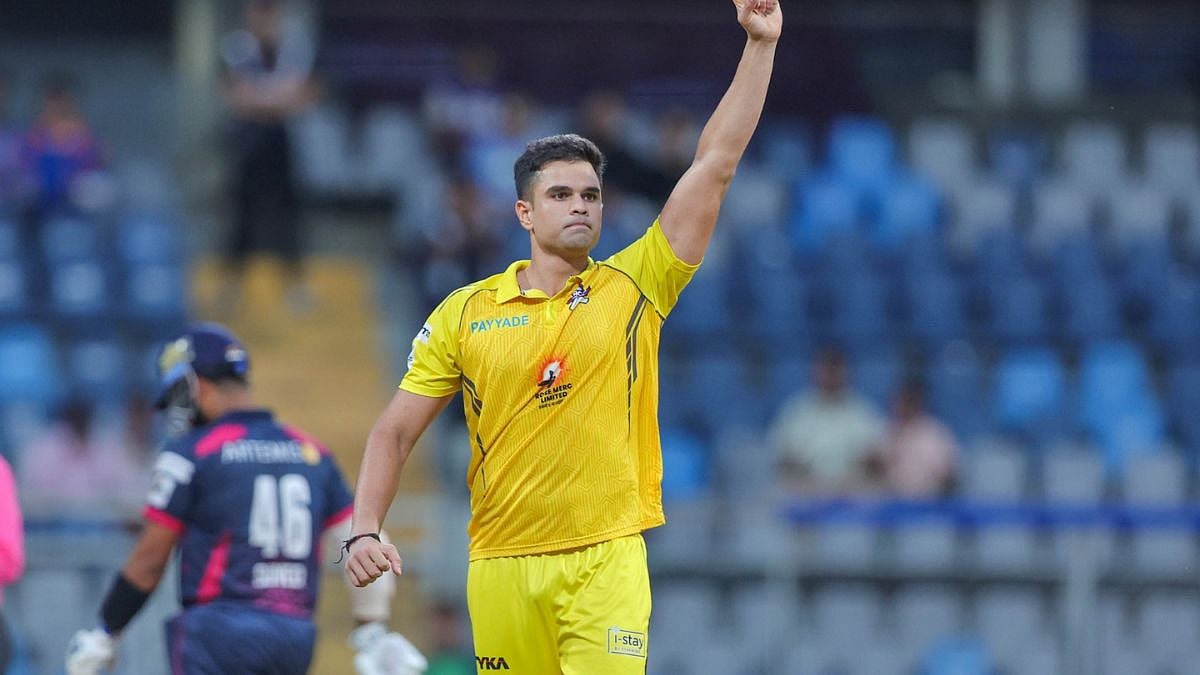 Arjun Tendulkar of ARCS Andheri takes 3 wickets in a match against Bandra Blasters in Nuvama Private T20 Mumbai League 2026