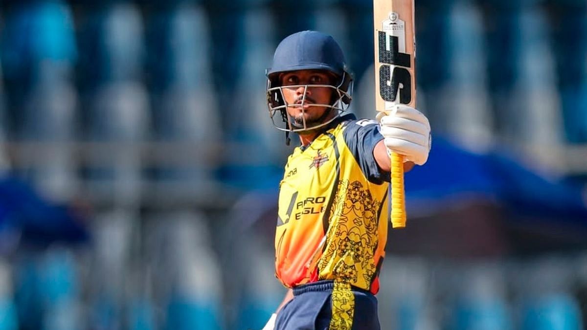 Shashwat Jagtap of Eagle Thane Strikers celebrates his century against Bandra Blasters during Nuvama Private T20 Mumbai League 2026