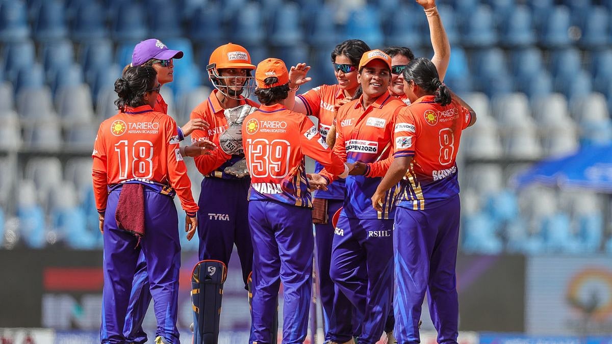 SOBO Mumbai Falcons players celebrate winning the title of the inaugural Nuvama Private T20 Mumbai Women's League