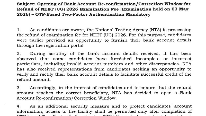 NTA Opens Bank Re-confirmation Window For NEET UG 2026 Fee Refunds; Details Must Be Updated Before Admit Card Download