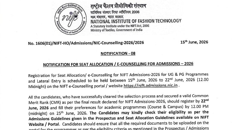 NIFT 2026 Counselling Registration Begins For UG, PG And Lateral Entry Programmes At nift.admissions.nic.in; Candidates Must Register By June 22