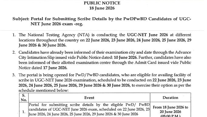 UGC NET June 2026: NTA Opens Portal For PwD/PwBD Candidates To Submit Scribe Details