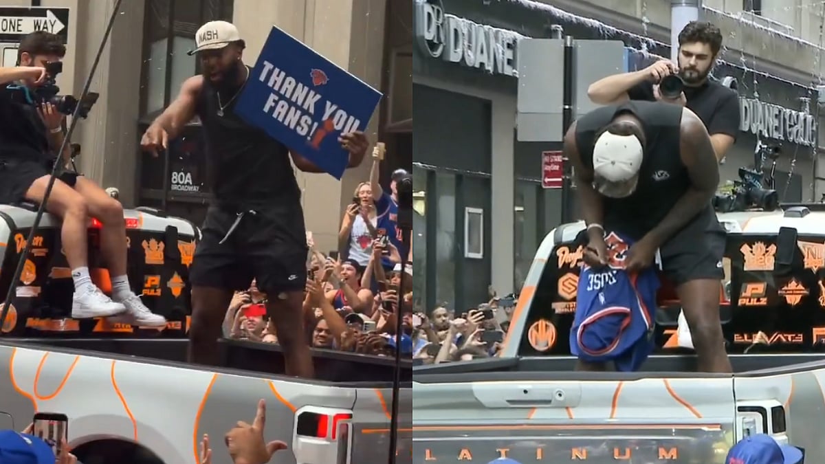 WATCH: Mitchell Robinson Arrives In Custom Truck, Signs Autographs For Fans At Knicks Championship Parade