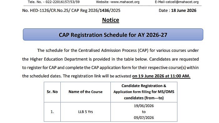 MH CET Law 2026 5-Year LLB CAP Registration Begins At cetcell.mahacet.org; Apply By July 9