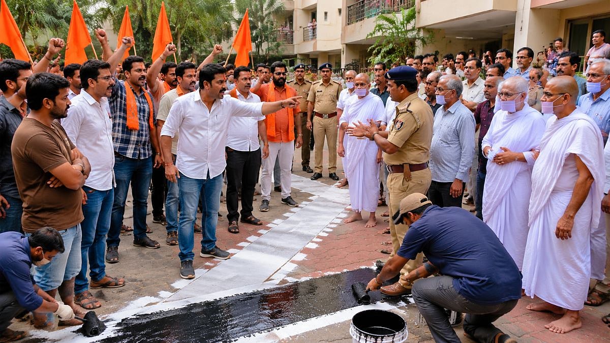 MNS Protests White Line For Jain Monks In Nalasopara, Police Step In Overnight To Cover It With Black Paint