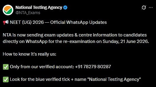 NEET UG 2026 Re-Exam Candidates To Now Receive Official Updates On WhatsApp; Warns Candidates Against Fraud Messages