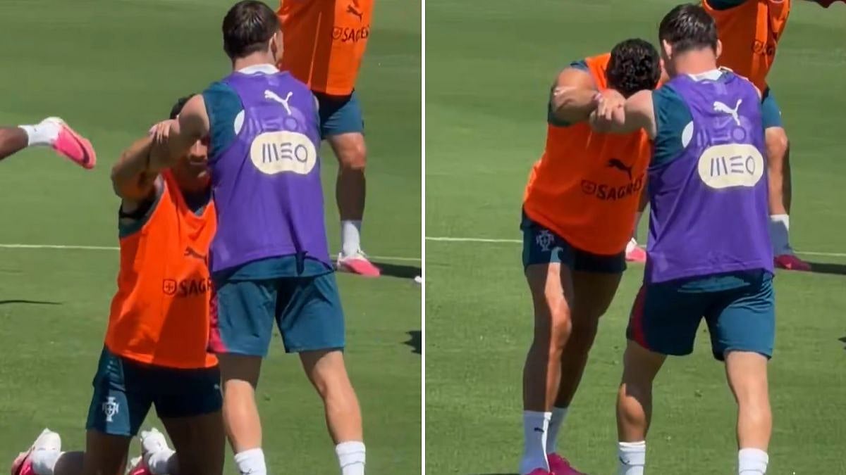 Cristiano Ronaldo Kneels Down To Tease Francisco Conceição Over His Height In Hilarious Training Video
