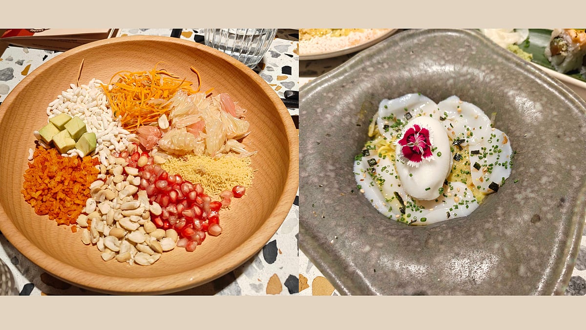 (Left) Goi Buoi Bhel and (right) Scallop & Calamansi Crudo