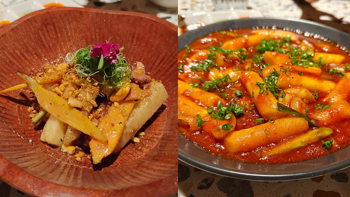 (Left) Charred Root Vegetables with Yuzu Tahini and (right) Tteok-Bokki
