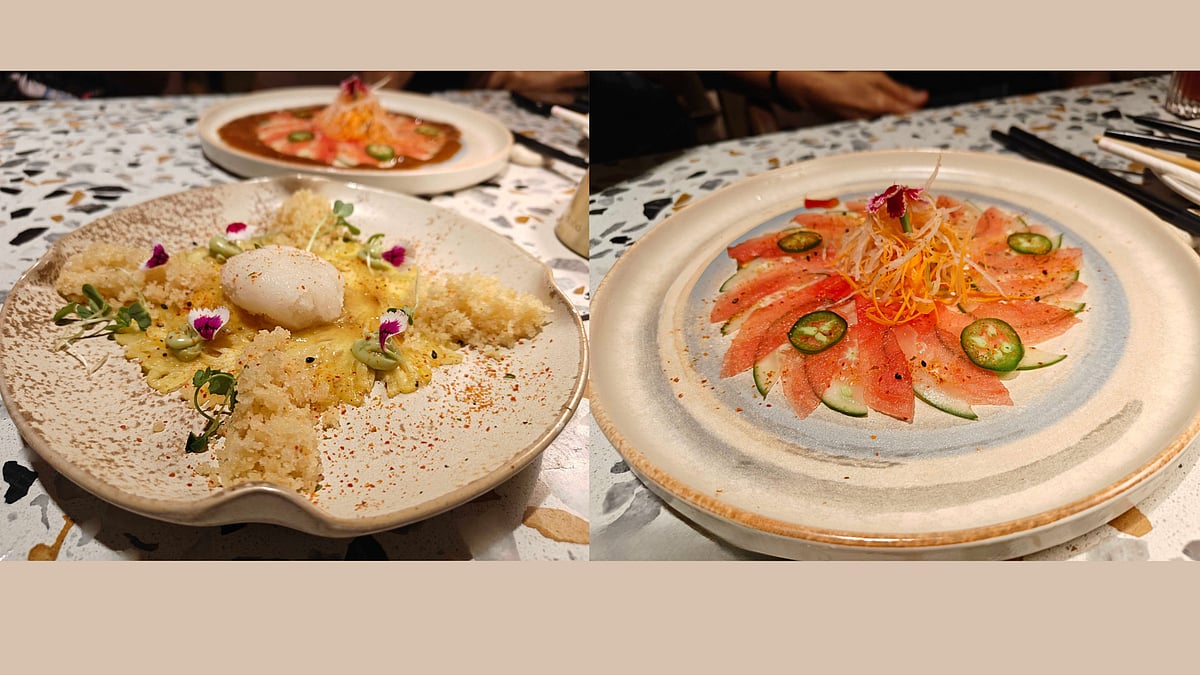 (Left) Pineapple & Litchi Carpaccio and (right) Watermelon & Cucumber Salad
