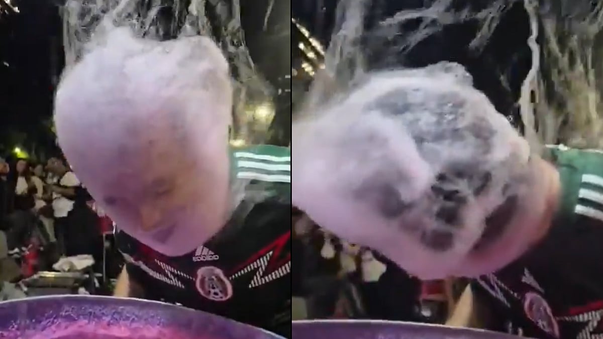 Mexican Fan Goes Viral After Dunking Head Into Cotton Candy Machine To Celebrate Mexico's Victory At FIFA World Cup 2026 | Video
