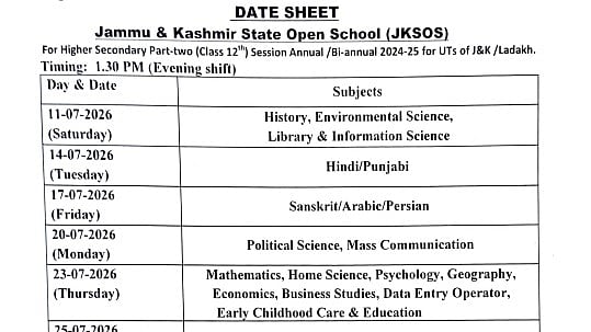 JKSOS Date Sheet 2026 Released: Jammu & Kashmir Open School Class 10, 12 Exams To Begin In July