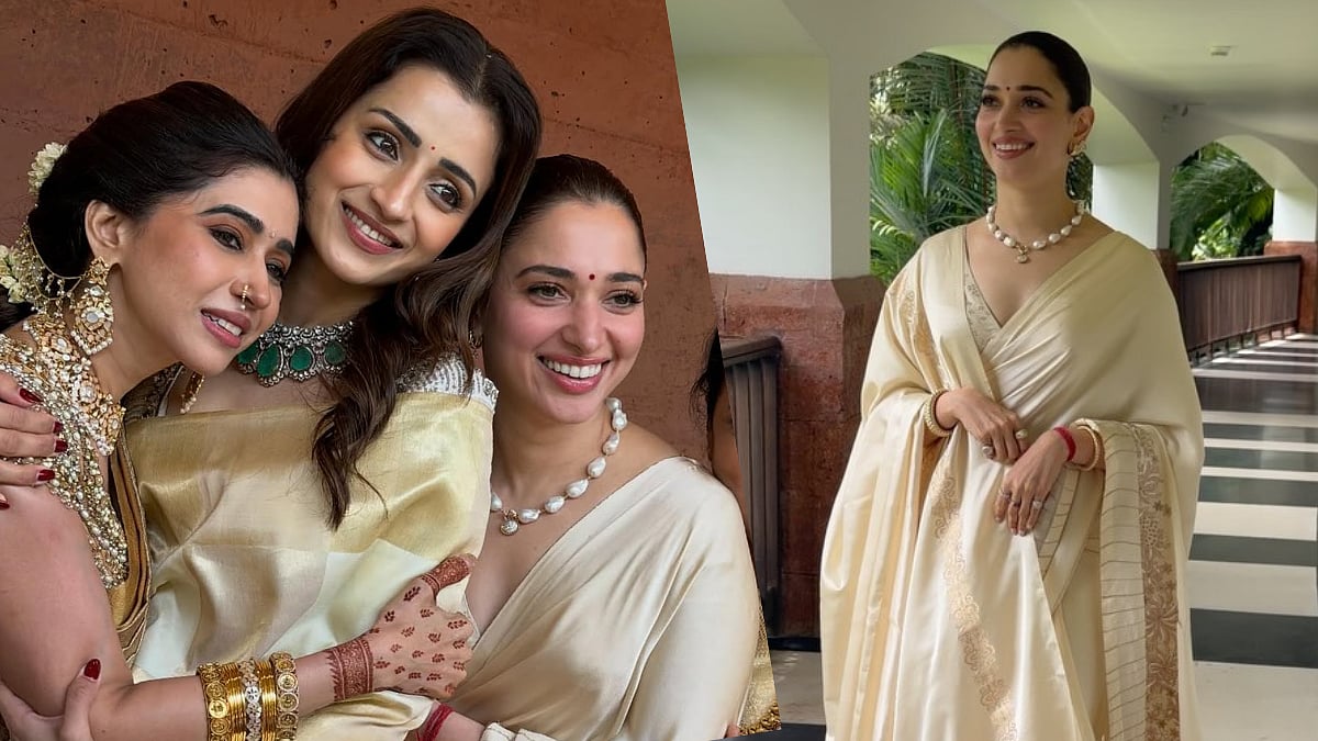 Tamannaah Bhatia & Trisha Krishnan Steal Spotlight In Elegant Golden-Ivory Sarees At Khushbu Sundar's Daughter's Wedding In Goa