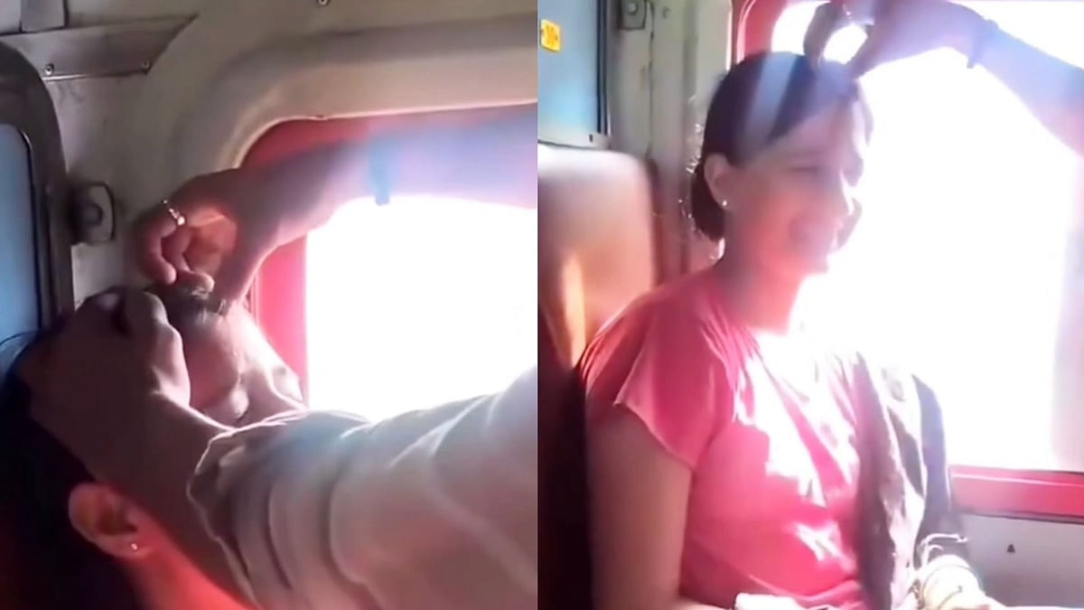 'Mera Baap Nahi Manega': Man Applies Sindoor On Woman's Forehead In Moving Train; Viral Video Sparks Debate Over Love & Family Consent - WATCH