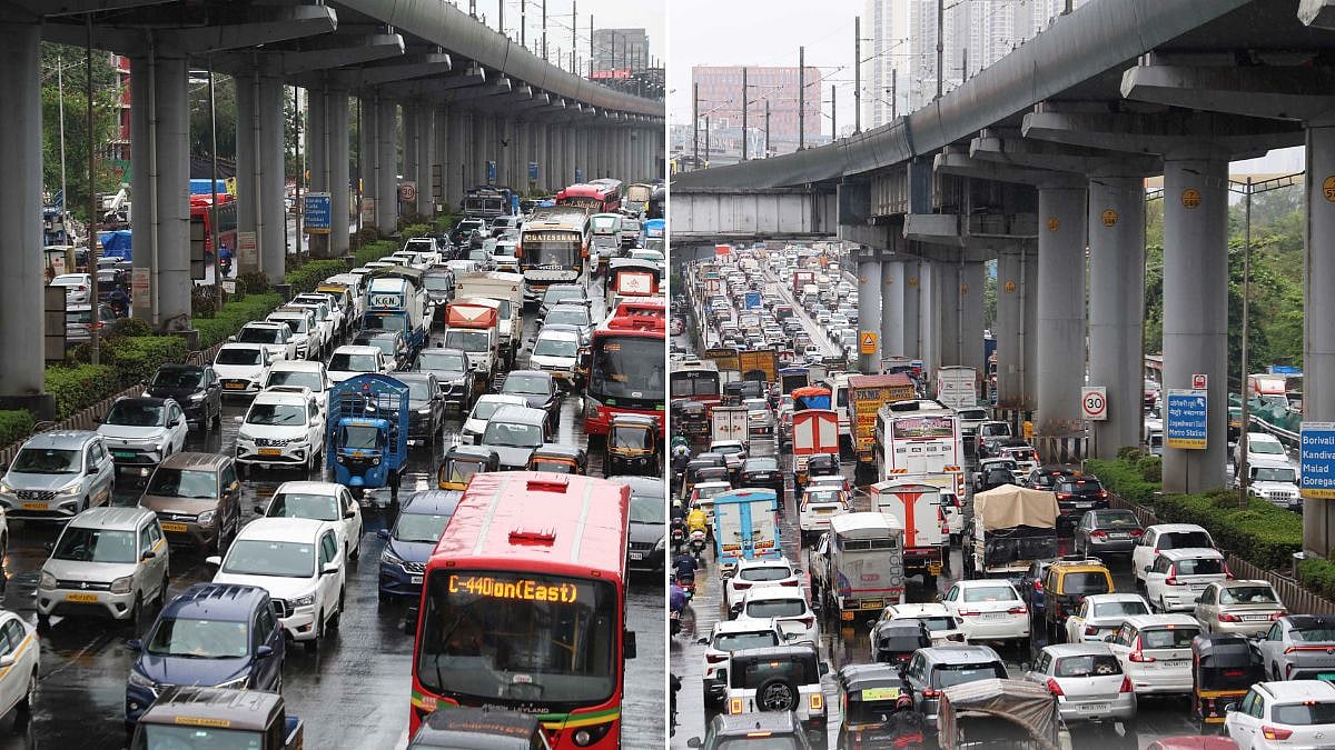 Heavy rainfall caused huge traffic on the Western Express Highway at Jogeshwari, Mumbai