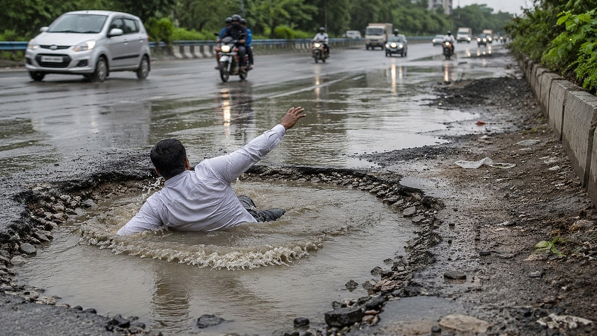 Man Falls Into Waterlogged Pothole On Pune-Bengaluru Highway Service Road; Viral Video Raises Safety Concerns