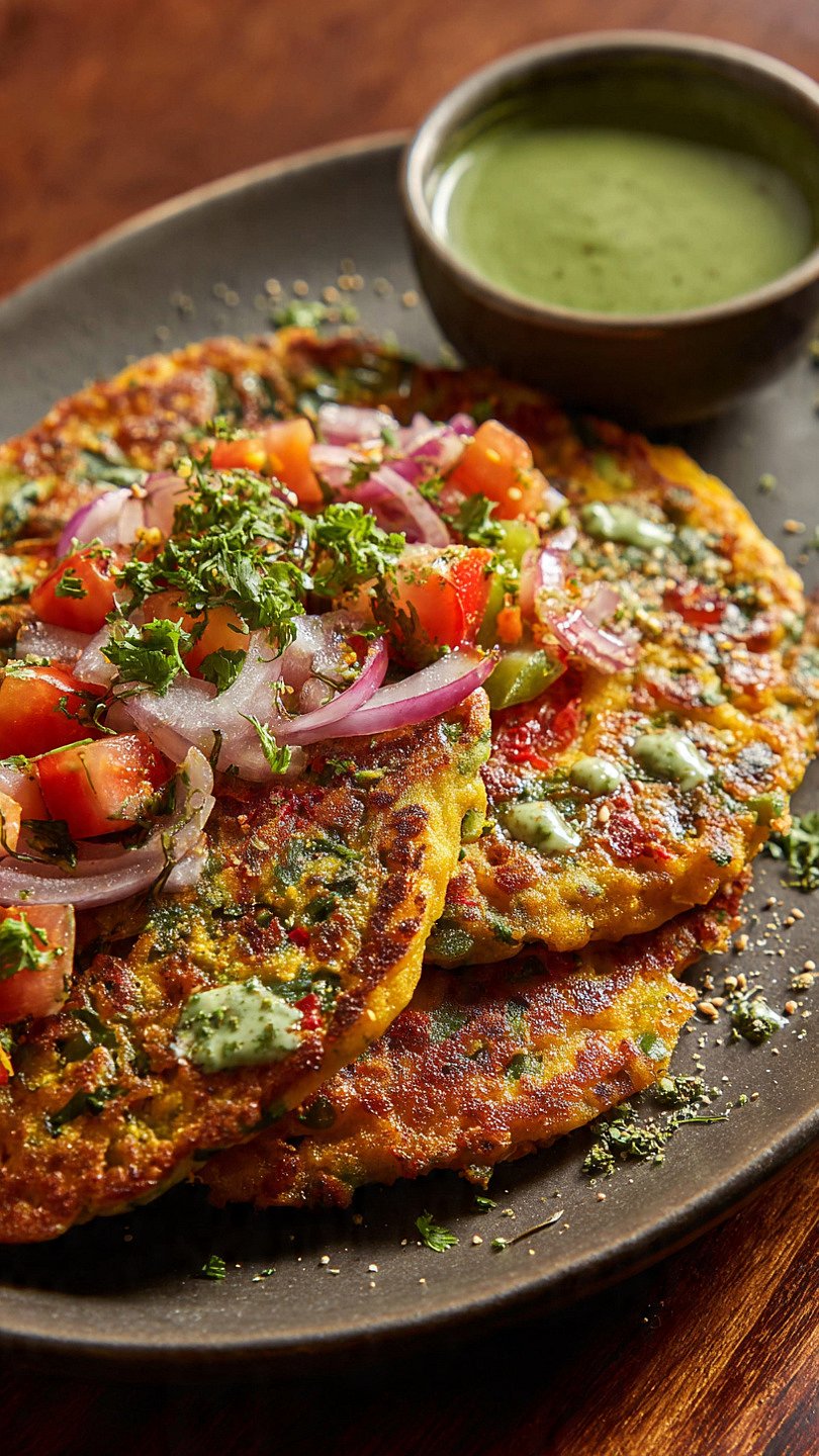 5. Mixed Vegetable Besan Chillas (Crispy Style)

Loaded with grated carrots, onions, capsicum, spinach, and coriander, these thin, crispy besan pancakes provide the same comforting flavours as pakoras while using far less oil.