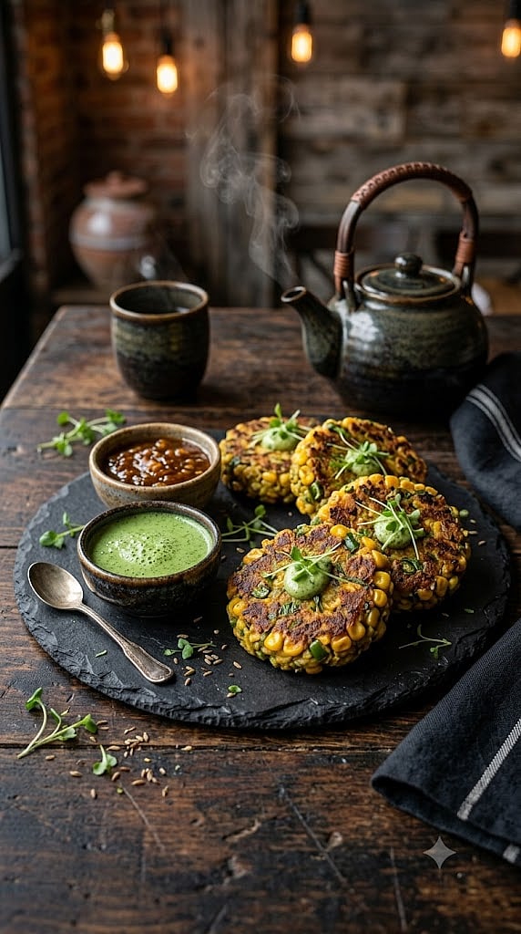 3. Corn & Moong Dal Tikkis

Made with soaked moong dal, sweet corn, herbs, and spices, these golden patties are high in protein and fibre. They deliver the crunch of fried snacks without feeling too heavy.