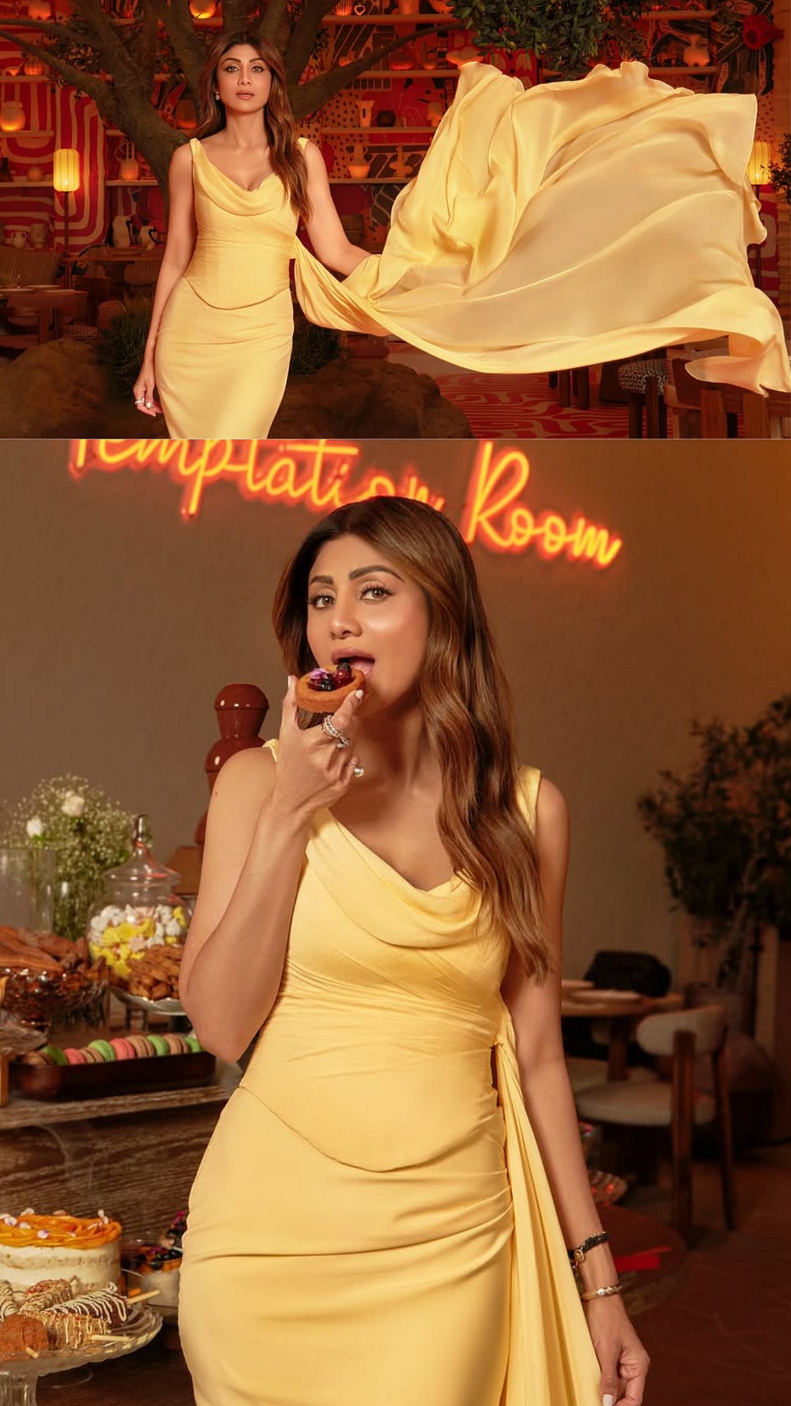 Shilpa Shetty Turns Heads In Butter Yellow Satin Gown Featuring Corset Bodice & Flowing Sheer Drape