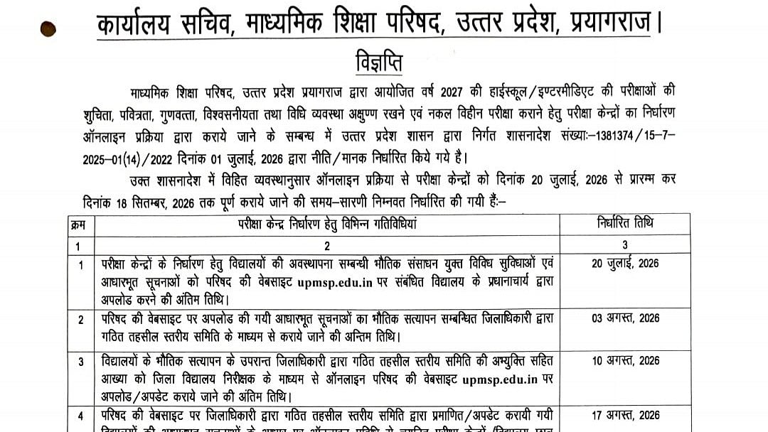 UP Board Exam 2027: UPMSP Releases Exam Centre Selection Schedule; Process To Run From July 20 To September 18