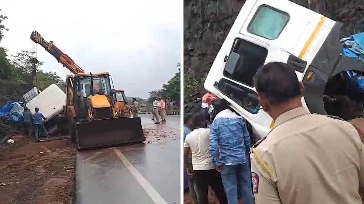 Mumbai-Goa Highway Accident: Container Overturns In Ratnagiri’s Anjanari Ghat, Driver Seriously Injured, Traffic Hit Amid Heavy Monsoon; VIDEO