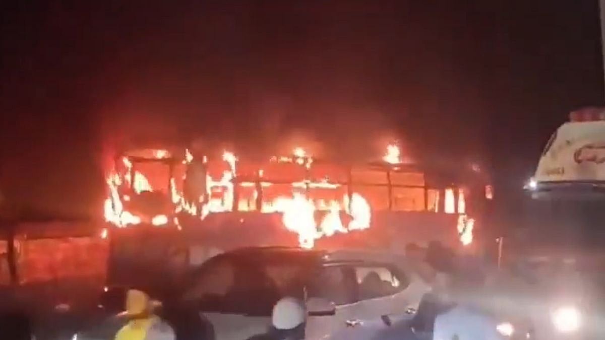 Bhiwandi Fire: Parked Tourist Bus Gutted In Midnight Blaze On Nashik Road; No Casualties Reported | VIDEO