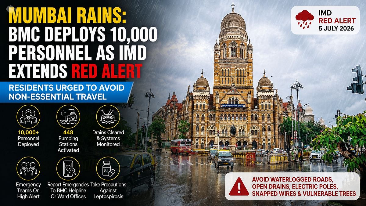 Mumbai Rains: BMC Deploys 10,000 Personnel As IMD Extends Red Alert; Residents Urged To Avoid Non-Essential Travel