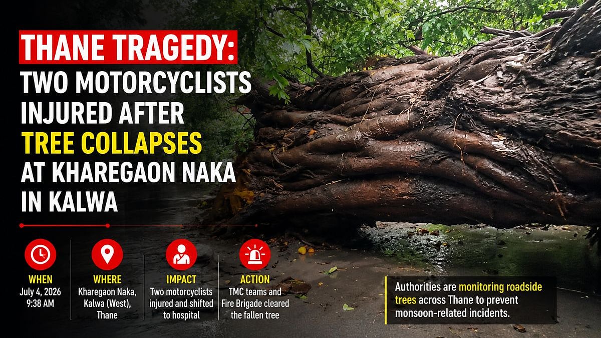 Thane Tragedy: 2 Motorcyclists Injured After Tree Collapses At Kharegaon Naka In Kalwa, TMC Clears Road | VIDEO