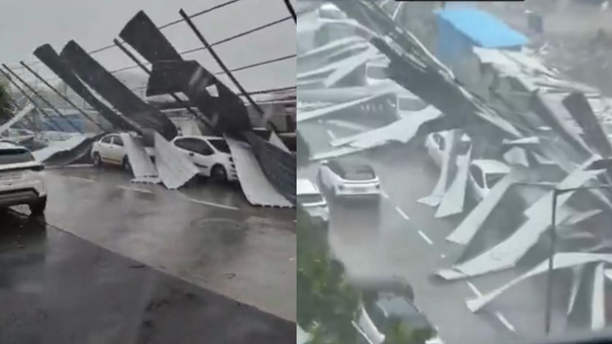 Video: Strong Winds Blow Off Metal Sheets Of Under-Construction Building In Navi Mumbai's Ghansoli, Disrupt Traffic Movement Amid Intense Rain Spell 