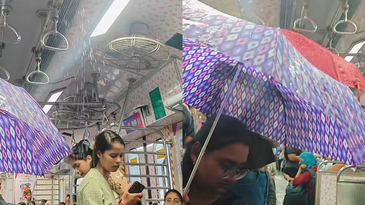 Mumbai Rains: Viral Video Shows Water Leaking Inside AC Local Train, Commuters Open Umbrellas Inside