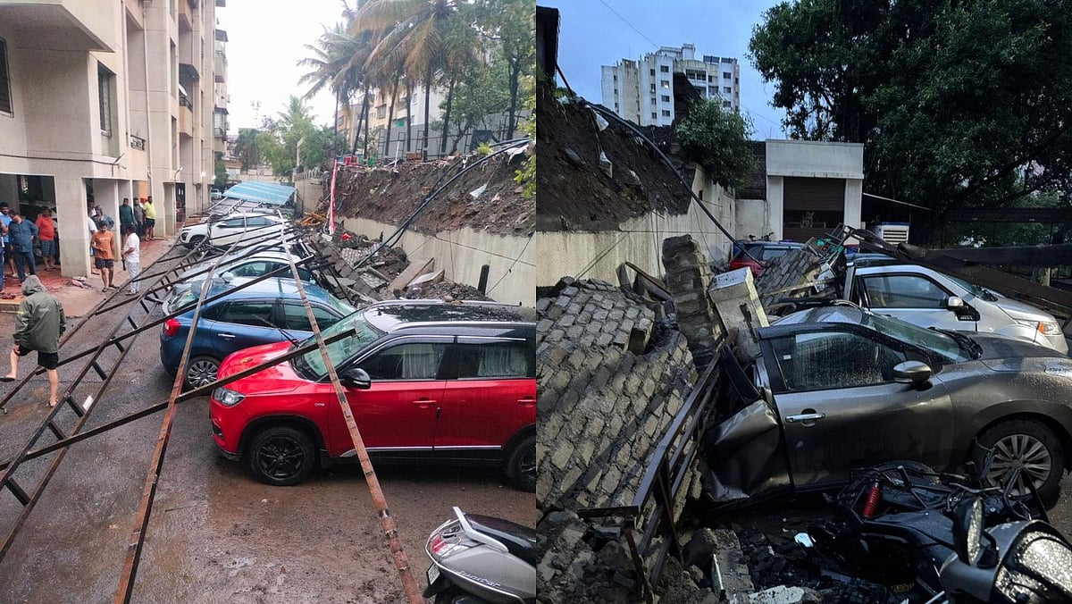 VIDEO: Compound Wall Collapses Onto Parking Shed At Samruddhi Lake Society On Jambhulwadi Road In Pune; 14 Vehicles Damaged