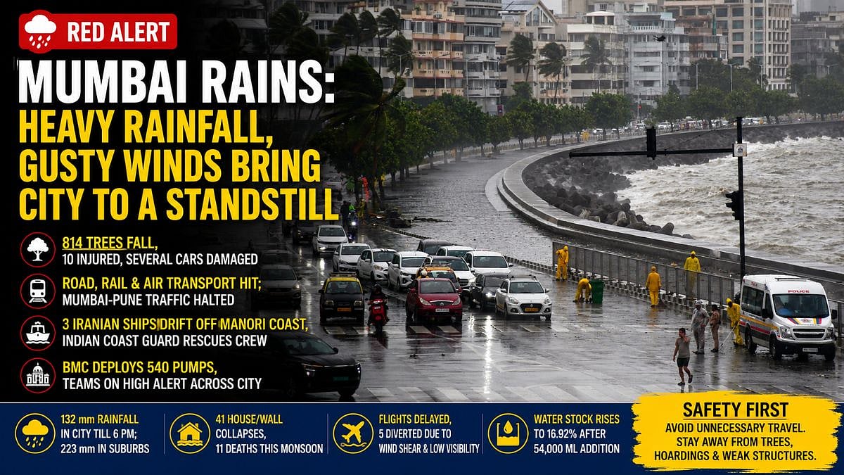 Mumbai Rains: Heavy Rainfall, Gusty Winds Bring City To Standstill As 814 Trees Fall, Transport Is Hit, BMC Steps Up Emergency Response Under Red Alert