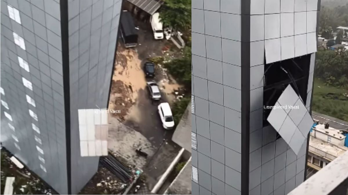 Mumbai Monsoon Mayhem: Mechanised Parking Lot Facade Collapses In Vasai Amid Heavy Rainfall & Strong Winds, Raising Safety Concerns - Video