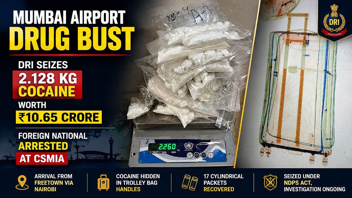 Mumbai Airport Drug Bust: DRI Seizes 2.128 Kg Cocaine Worth ₹10.65 Crore, Foreign National Arrested At CSMIA