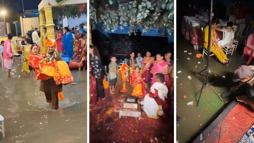 Groom Carries Bride From Flooded 'Mandap' After Heavy Rain Lashes Wedding Venue In Indore | VIDEO