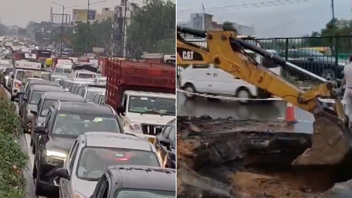 Gurugram Monsoon Chaos: Heavy Rain Triggers NH-48 Cave-In, Waterlogging & Massive Traffic Jams; WFH Advisory Issued | Video