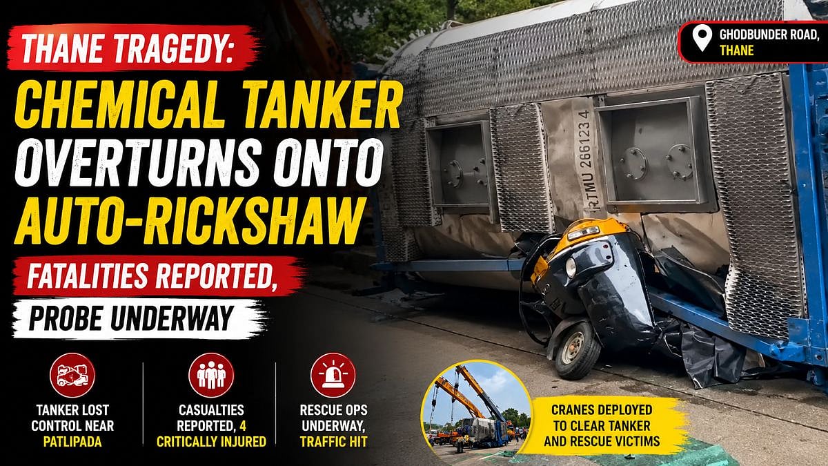 Thane Tragedy: Chemical Tanker Overturns Onto Auto-Rickshaw On Ghodbunder Road; Fatalities Reported, Probe Underway