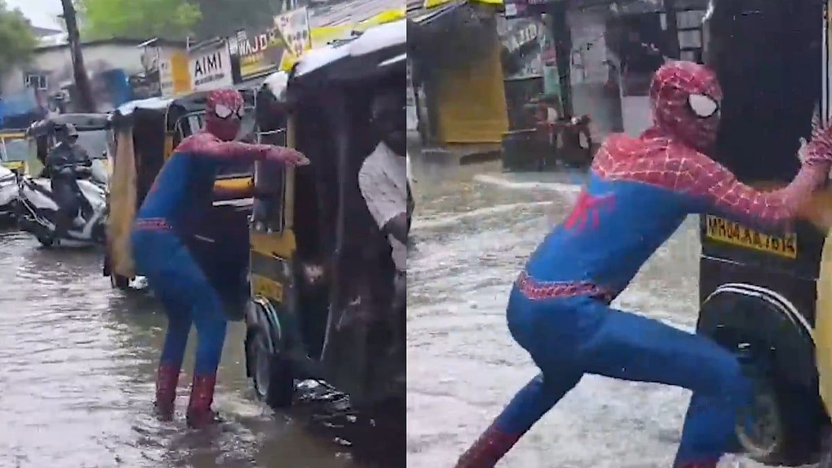 'Spiderman- Never Getting Home': Local Dons Superhero Costume To Help Commuters Cross Waterlogged Streets In Bhiwandi - VIDEO