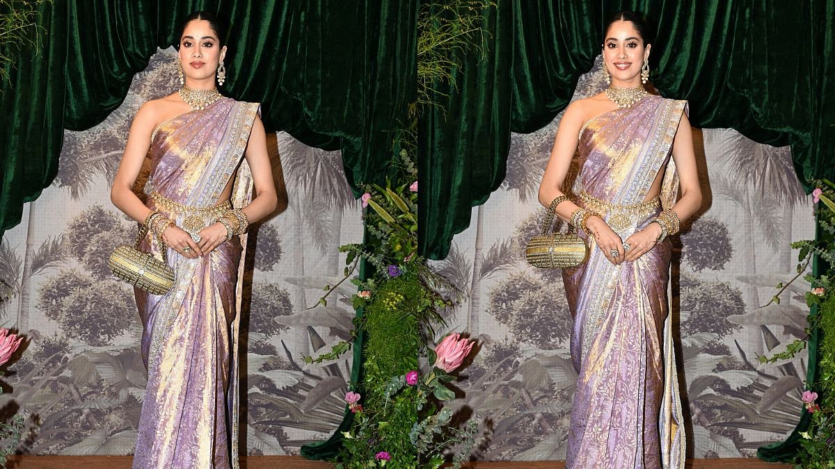 Janhvi Kapoor Ditches Traditional Blouse For Modern Banarasi Silk Drape At Anshula's Wedding Reception In Mumbai