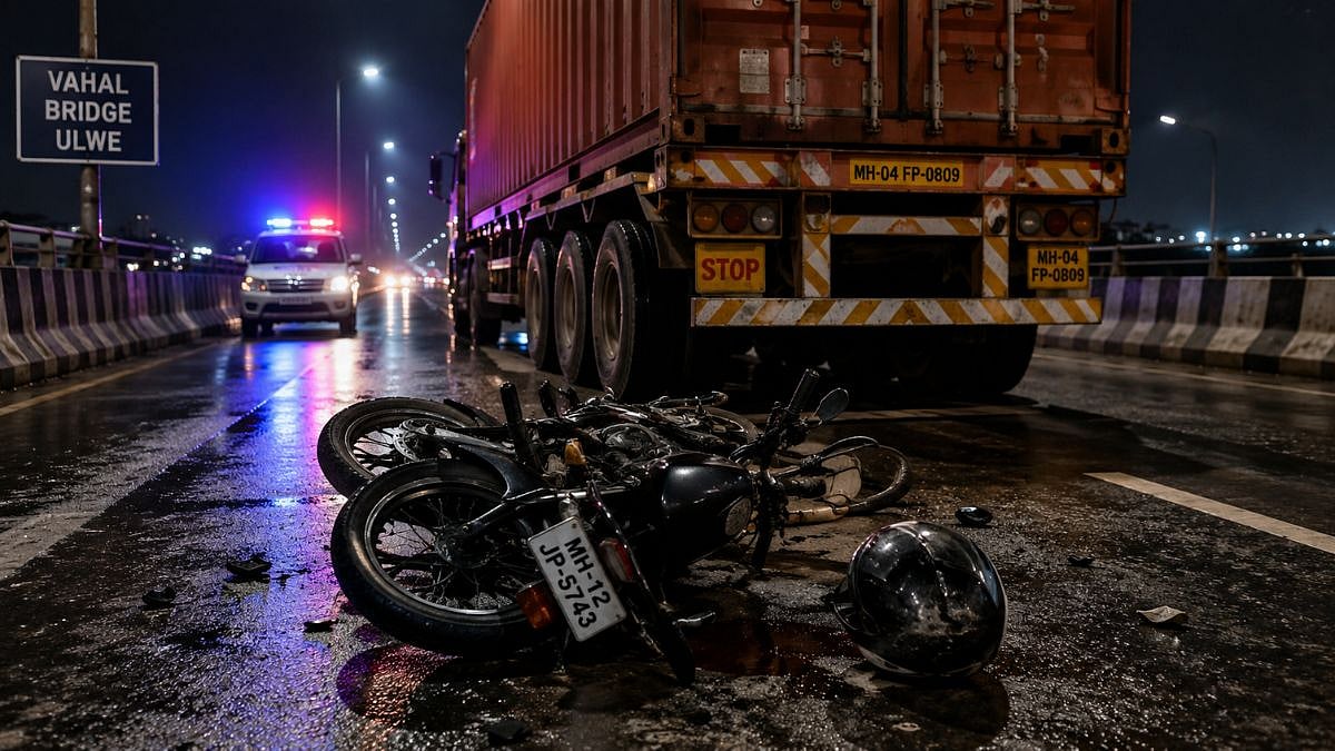 Navi Mumbai Tragedy: 25-Year-Old Motorcyclist Killed After Container Truck Hits Two-Wheeler On Vahal Bridge In Ulwe; Driver Absconding