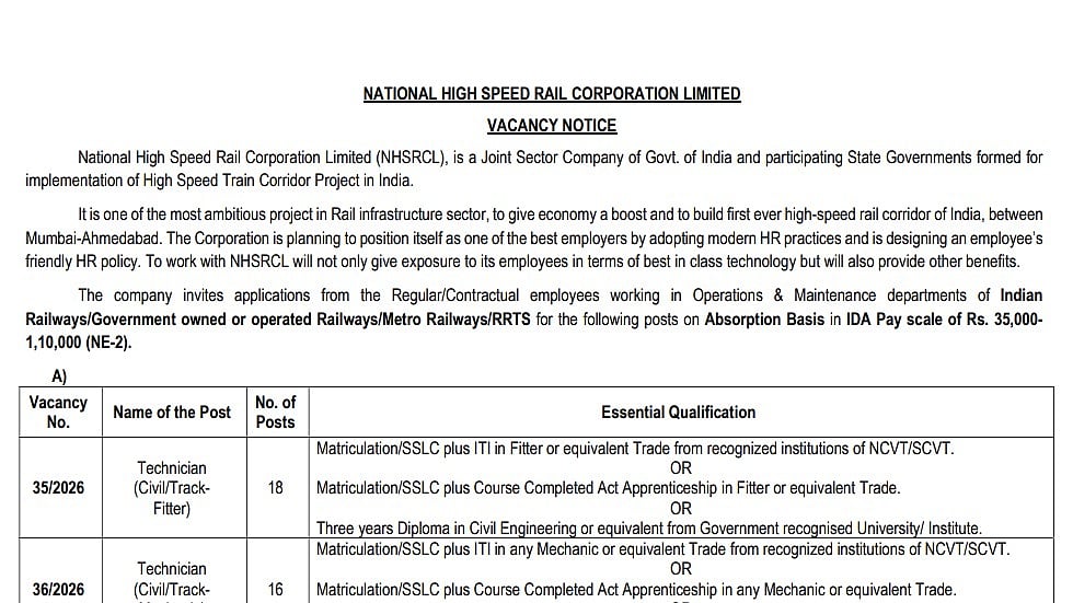 Mumbai-Ahmedabad Bullet Train Project Recruitment 2026: NHSRCL Invites Applications For 237 Technician Posts; Check Details Here