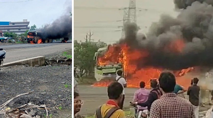 Rewa–Indore Bus Catches Fire After Tyre Bursts Near Indore, Passengers Rescued | VIDEO