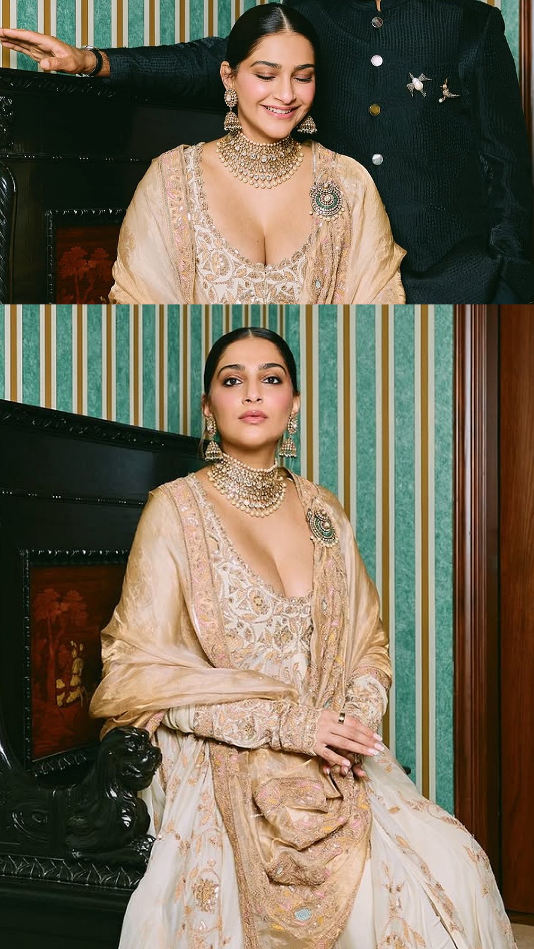 Sonam Kapoor Brings Maharani Energy In Deep-Neck Ivory Couture By Anamika Khanna At Anshula Kapoor's Reception