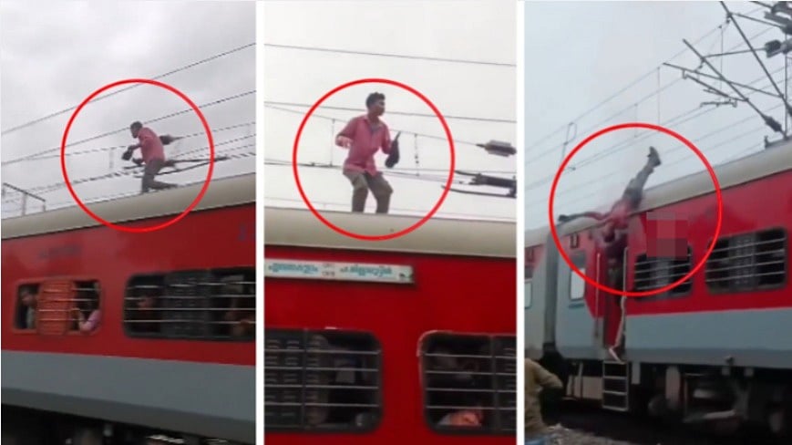 Man Touches 25K-Volt Wire While Casually Walking On Mangla Express' Roof, Falls After Horrific Electrocution Near Itarsi Station | VIDEO